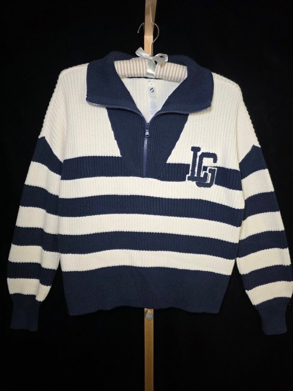 Lou & Grey Striped Polo Varsity Letter Half Zip Chunky Knit Sweater M
